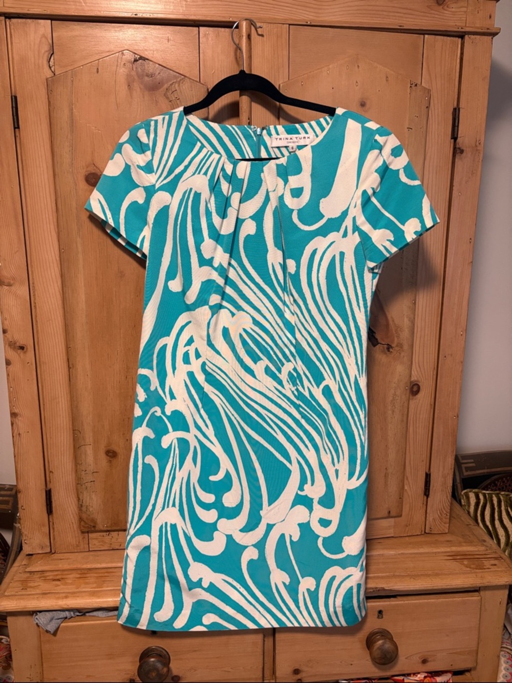 Trina Turk Turquoise and White Abstract Print Shift Dress
